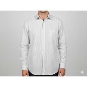 Jos. A. Bank Mens Shirt 17/35 Tailored Fit White Gray Strip L/S